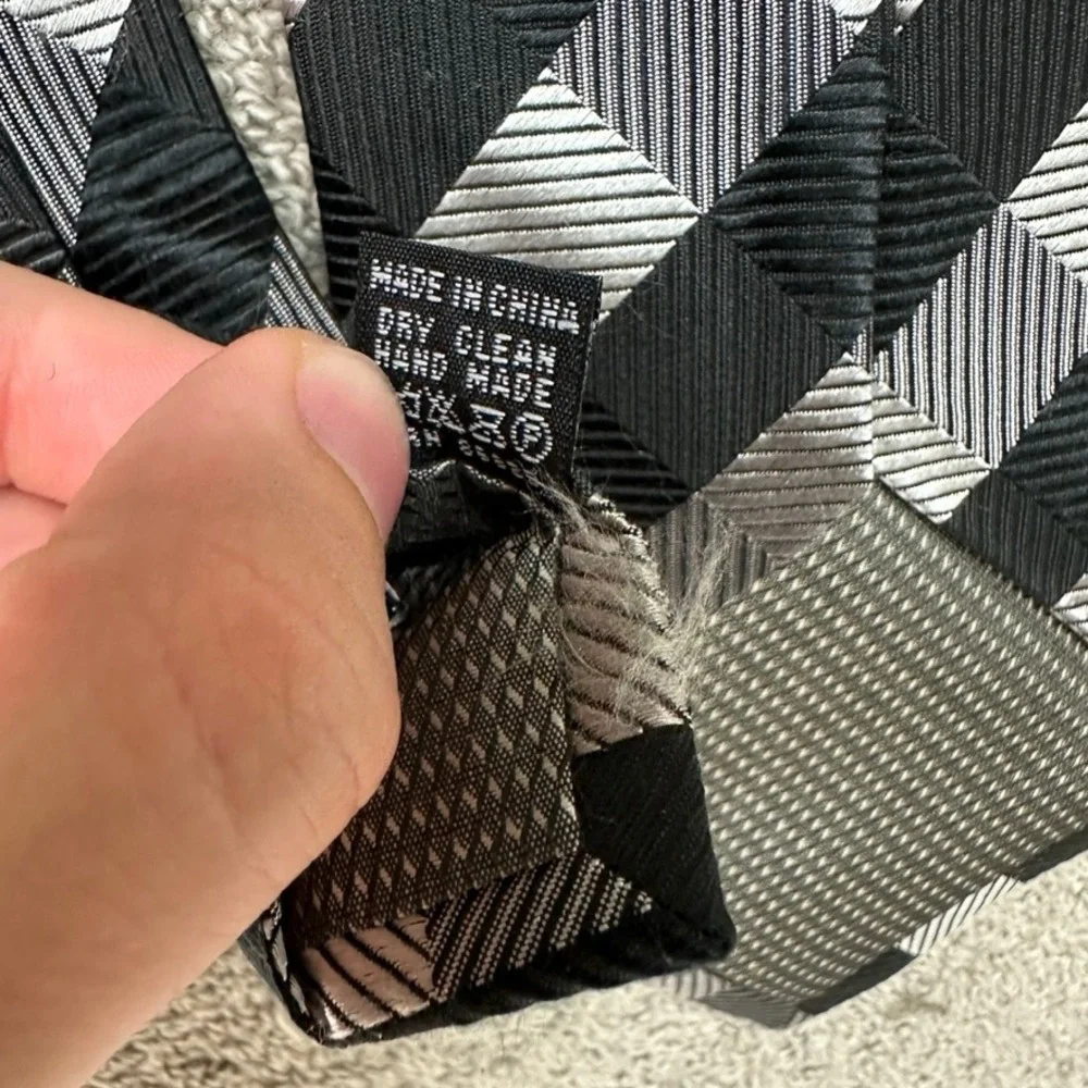 Valerio Garati Mens Silk Tie Black Grey Silver Geometric Diamond Hand Made